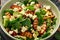 Summer Peach Salad with spinach, avocado, walnuts and feta cheese in rustic bowl. healthy food.