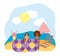 Summer people activities, cheerful girls with floats chair and umbrella, seashore relaxing and performing leisure