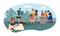Summer people BBQ Cartoon parents and children spending time together picnic party. Vector summer activities background