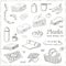 Summer picnic doodle set. Various meals, drinks, objects, sport activities. Vector illustration