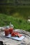 on a summer picnic on a white board on the shore of the lake, a watermelon cocktail