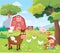Summer picture view landscape with farm animals cow pig chicken and barn.