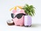 Summer piggy bank with luggage and sunglasses