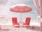 summer pink chair vacation sun holiday parasol sand umbrella retro. Generative AI.