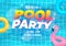 Summer pool party invitation banner. Swimming pool with palm leaves and pool floats.