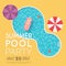 Summer pool party invitation. Flyer or banner template. Flat design elements, minimalist style. Vector illustration.