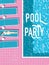 Summer pool party invitation poster, flyer vector template with vintage swimming pool, woman sunbathing and sunbeds