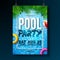 Summer pool party poster design template with palm leaves, water, beach ball and float on blue ocean landscape