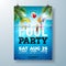 Summer pool party poster design template with palm leaves, water, beach ball and float on blue ocean landscape