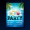 Summer pool party poster design template with water, beach ball and float on blue ocean landscape background. Vector