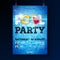 Summer pool party poster design template with water, beach ball and float on blue tiled background. Vector holiday