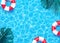 Summer pool vector background. Swimming pool texture, red and white ring float, palm monstera leaves illustration. Copy