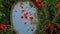 Summer poppies field and sky reflected in the mirror with vintage frame.