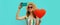 Summer portrait beautiful smiling young woman taking a selfie by smartphone with red heart shaped balloon wearing a sunglasses