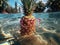 Summer portrait of a happy smiling pineapple lying on the beach. Generated by AI