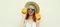 Summer portrait happy smiling young woman with slices of orange wearing a straw hat, sunglasses on a white background