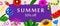 Summer poster with cut out style flowers, atermelon, warm. Colorful modern style design.