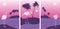 Summer posters set with pink flamingo on abstract tropical purple background of palm tree island sea sky and sun