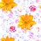 Summer print for fabric with huge yellow dahlia, pink zinnia and little fantasy flowers on white background. Seamless pattern