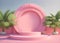 Summer promotional illustration of realistic 3d cylinder pedestal podium with palm leaves on pastel pink background