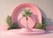 Summer promotional illustration of realistic 3d cylinder pedestal podium with palm leaves on pastel pink background