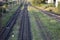 Summer railway tracks overgrown with green grass. Way out