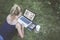 Summer,rear view,young businesswoman lying on lawn and using laptop with graphs,charts and diagrams on screen.