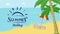 Summer recreation flat vector banner. Seaside resort promo with blue brush stroke sun symbol, logo. Summertime vacation