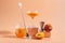Summer refreshing fruit cocktail bellini of fresh ripe peach and champagne in glasses on modern abstract podium