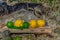 Summer refreshments. Glass of water, lemons, limes and mint on the background of scandinavian nature. Different water drops combin