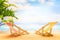 Summer relax concept. Sunny tropical beach with sun lounger and palm tree. Summer Holidays vacation background