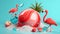 summer rest. flamingo toy, watermelon, palm trees, shell, water splash