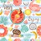 Summer rest and vacation collage. Seamless pattern with woman floating on inflatable ring, flowers and lettering.