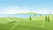 Summer river landscape vector illustration, cartoon flat panoramic natural scenery with green grass farm fields, farmers