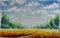 Summer road through field, clouds, green trees, oil painting