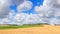 Summer rural landscape, banner - view of agricultural fields under sky with clouds
