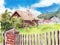 Summer rural landscape. Wooden house and  fence with green garden in the yard