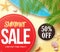 Summer sale with 50% off in red circle with palm leaves