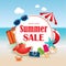 Summer sale background banner design template with colorful beach and object vacation elements.