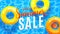 Summer sale banner background with blue water texture and yellow pool float. Vector illustration of sea beach offer