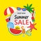 Summer Sale banner with colorful beach elements. Summer sale background with palm, surfboard, watermelon, sunglass