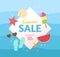 Summer Sale banner design with blue waves and different summer icons such as sea shell, sea star, watermelon, ice cream