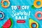 Summer sale banner design template. Inflatable floating colorful toys in swimming pool, top view vector illustration