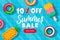 Summer sale banner design template. Inflatable floating funny toys in swimming pool, top view vector illustration