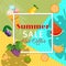 Summer sale banner with fruits such as orange, watermelon, banana, kiwi, grapes, plum, pear with tree leaves and ice