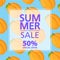 Summer sale banner.Offers a 50 discount.Apricot tropical citrus fruit pattern.