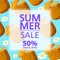 Summer sale banner. Offers a 50 discount.Ripe pineapple.