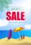 Summer sale banner online shopping on beach background. Vector illustration discount badge or label typographic design