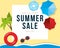 Summer sale banner with palms, beach umbrellas, sunglasses background, design for banner, flyer, invitation, poster, web site or