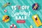 Summer sale banner poster design template. People swim in swimming pool, top view vector flat cartoon illustration